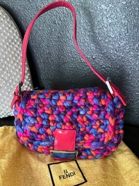 Fendi Multicolor Chunky Knit Shoulder Bag with Pink Leather Strap